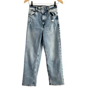 Zara High‎ Rise Vintage Straight Leg Distressed Jeans in Light Blue Wash, Size 4